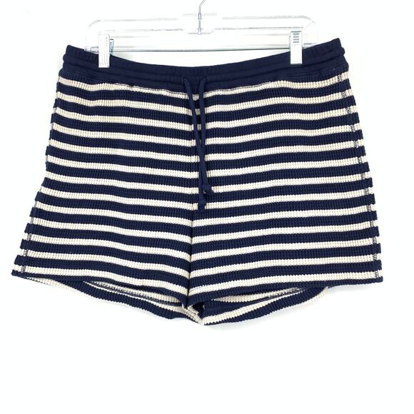 J.Crew Waffle Knit Lounge Set Sweatshirt + Short Womens M Blue Cream Stripe NEW - Picture 2 of 15